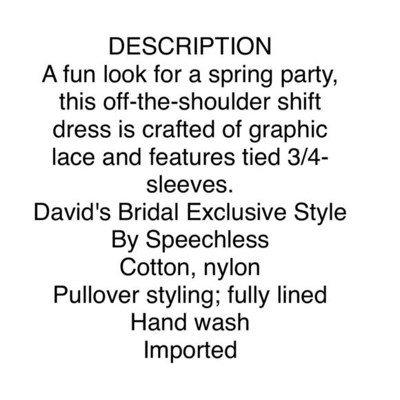 NWT David’s bridal speechless
Off-the-Shoulder 3/4-Sleeve Lace Shift Dr… - Picture 4 of 15